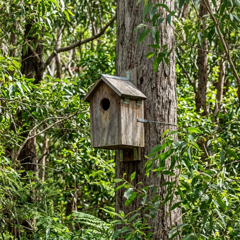 Animal nesting box installed as a humane alternative to a Newcomb roof cavity
