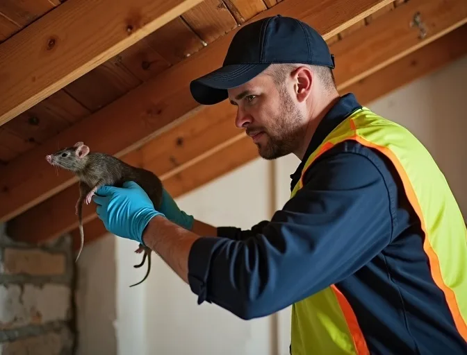 Technician inspecting a roof cavity for a dead rat in Newcomb